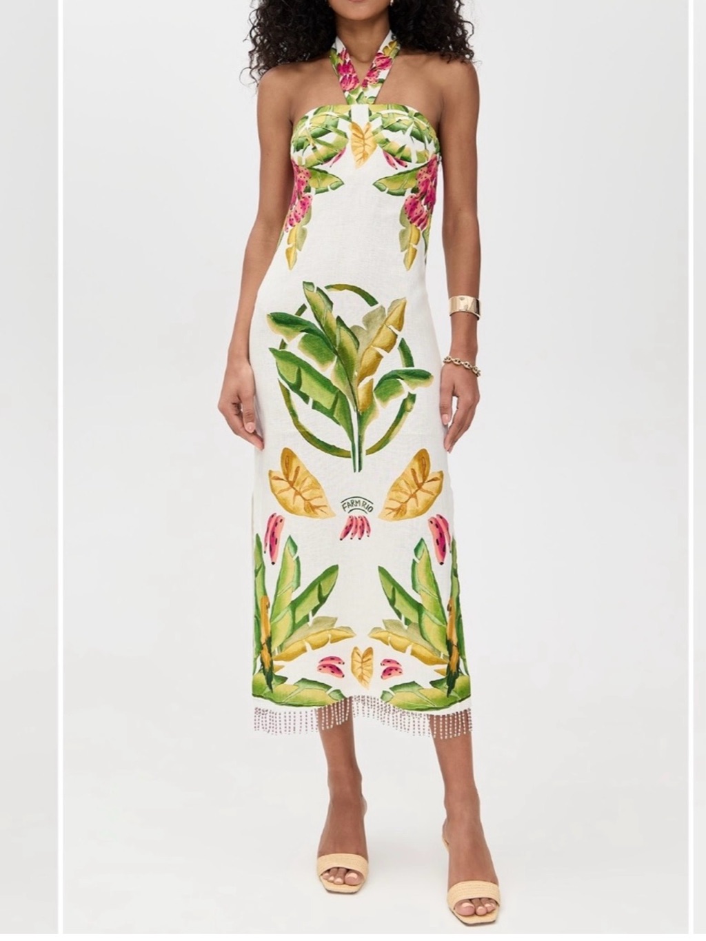 Farm Rio Summer Foliage White Halter Midi Dress With Green & Yellow Tropical Mot